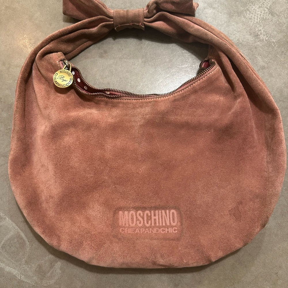 Moschino Cheap & Chic Suede Bow Hobo, Dusty Pink, Made in Italy, Polka Dot Lined